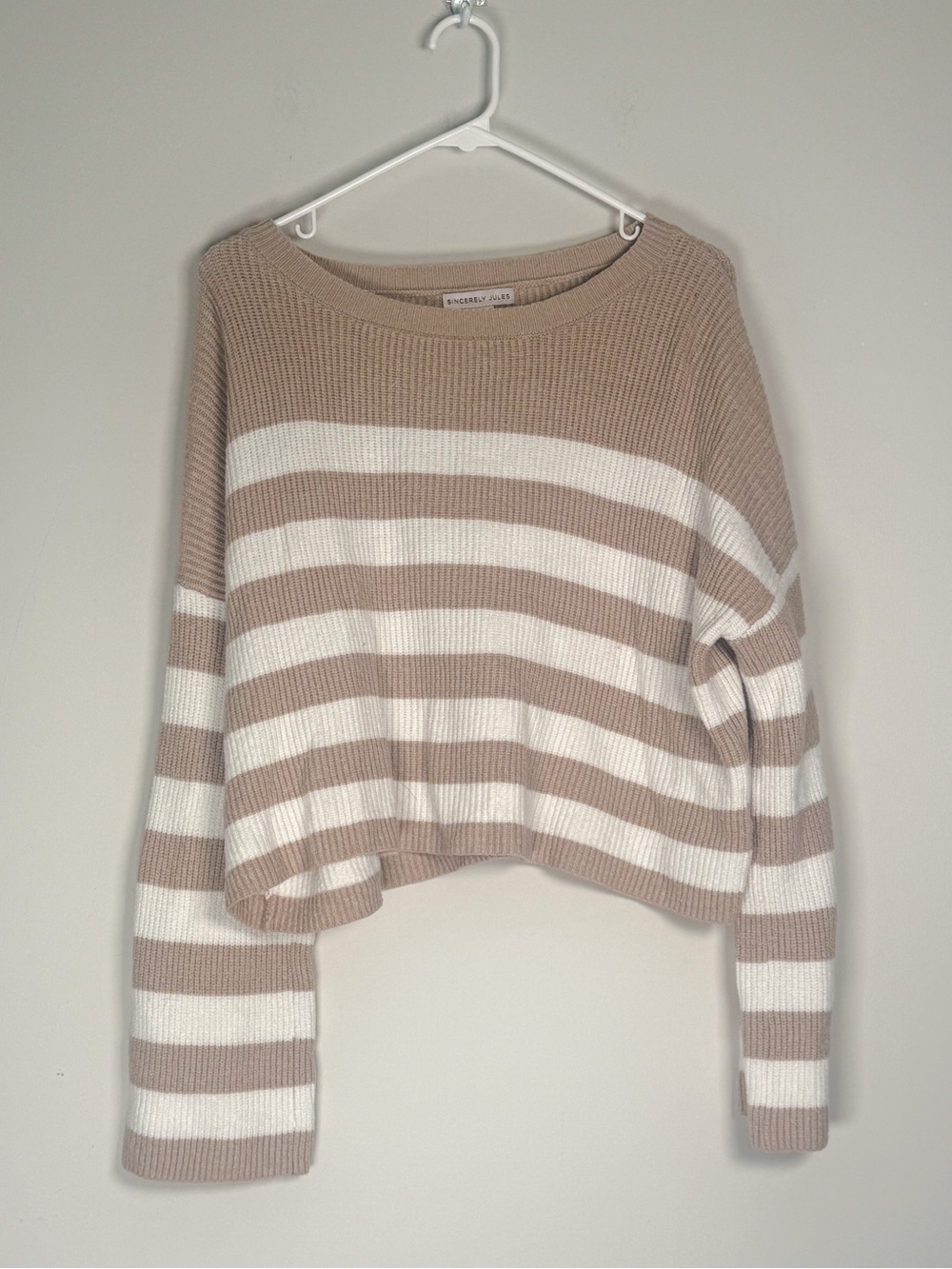 Sincerely Jules Taupe & White Striped Cropped Crewneck Sweater